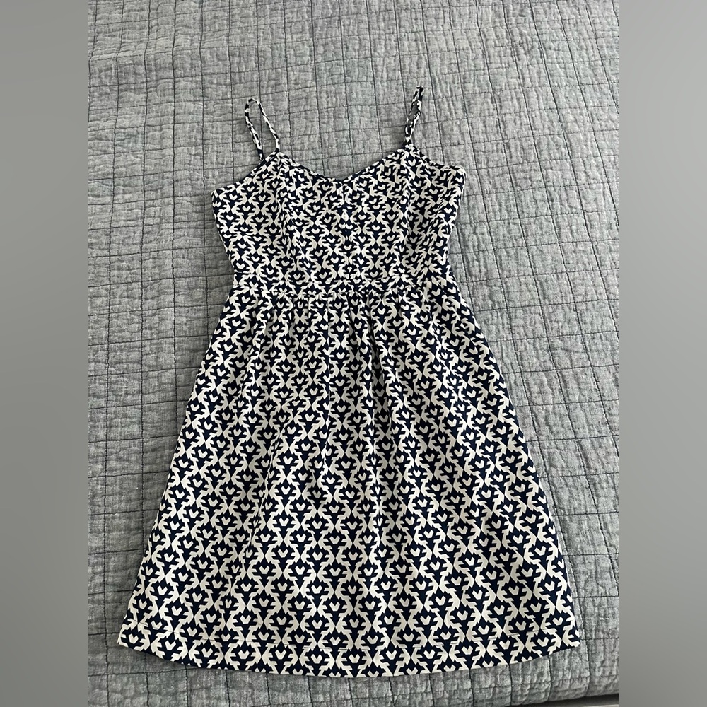 J. Crew Navy and White Printed Spaghetti-Strap Midi Dress